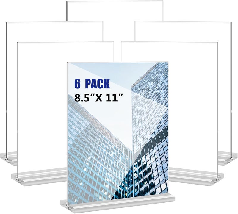 KOOLDE Acrylic Sign Holder 8.5x11 Inches 6 Pack T Shape Desktop Display Stand Vertical Double Sided Clear Table Menu Flyer Holder for Restaurants, Office, Shop, Wedding - Image 1